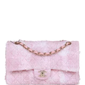 Chanel Medium Classic Double Flap Bag Rose Sakura Tweed Light Gold Hardware