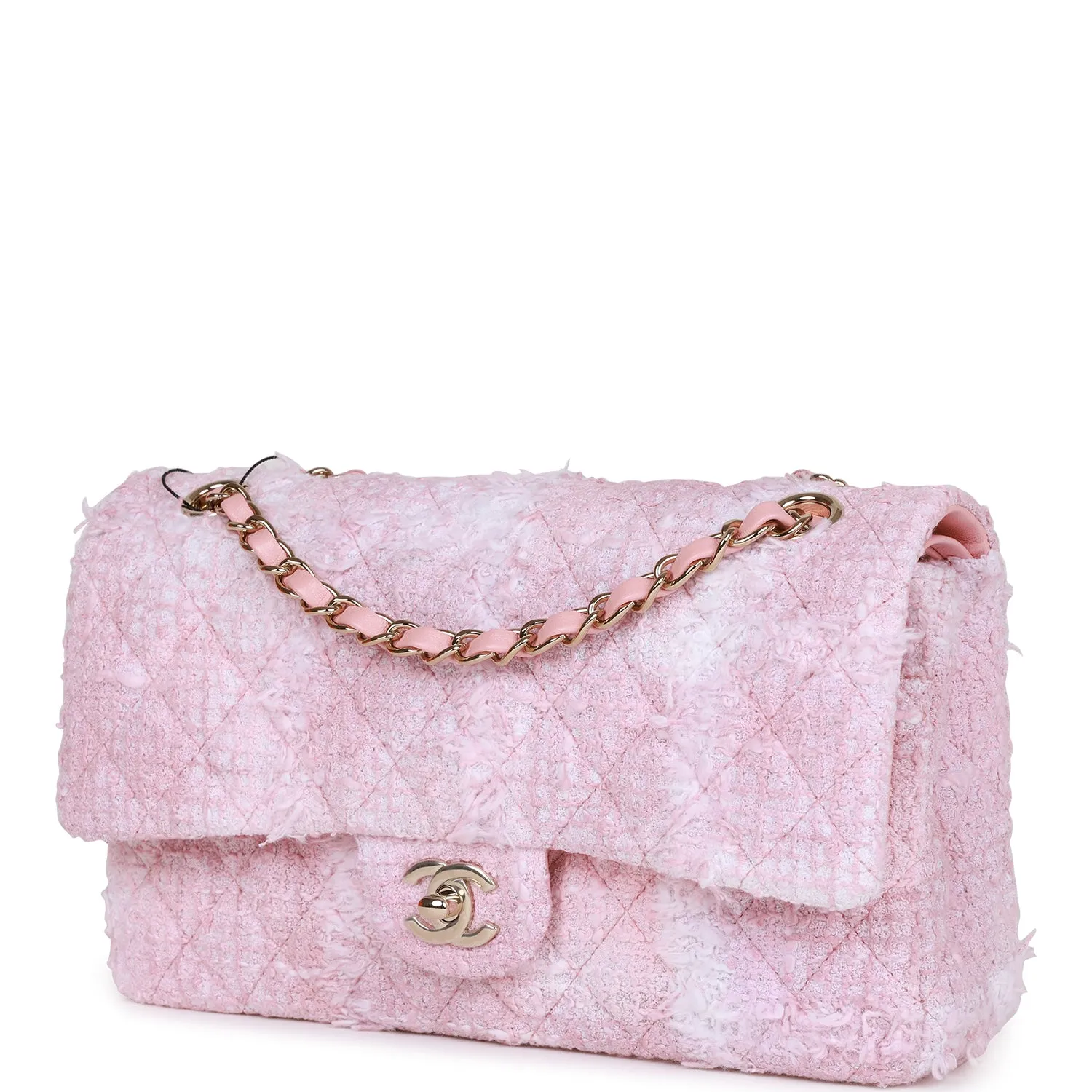 Chanel Medium Classic Double Flap Bag Rose Sakura Tweed Light Gold Hardware