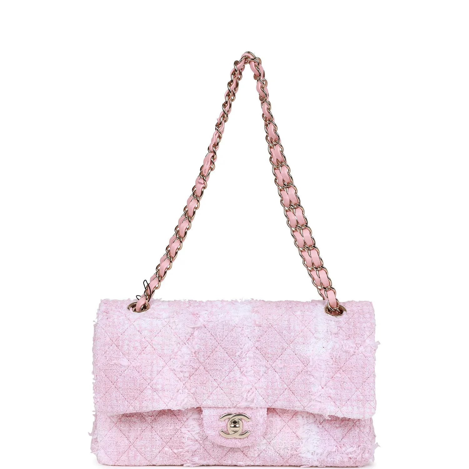 Chanel Medium Classic Double Flap Bag Rose Sakura Tweed Light Gold Hardware