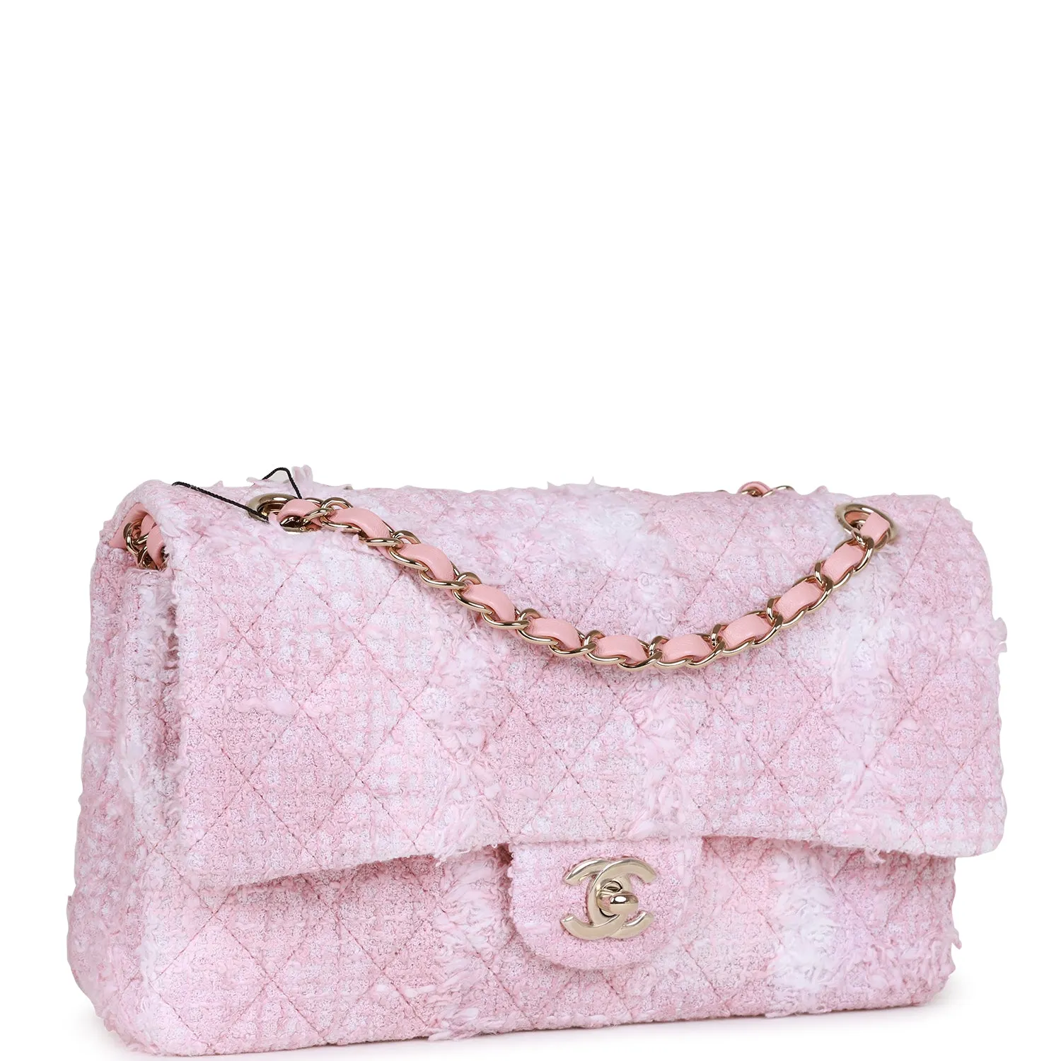 Chanel Medium Classic Double Flap Bag Rose Sakura Tweed Light Gold Hardware