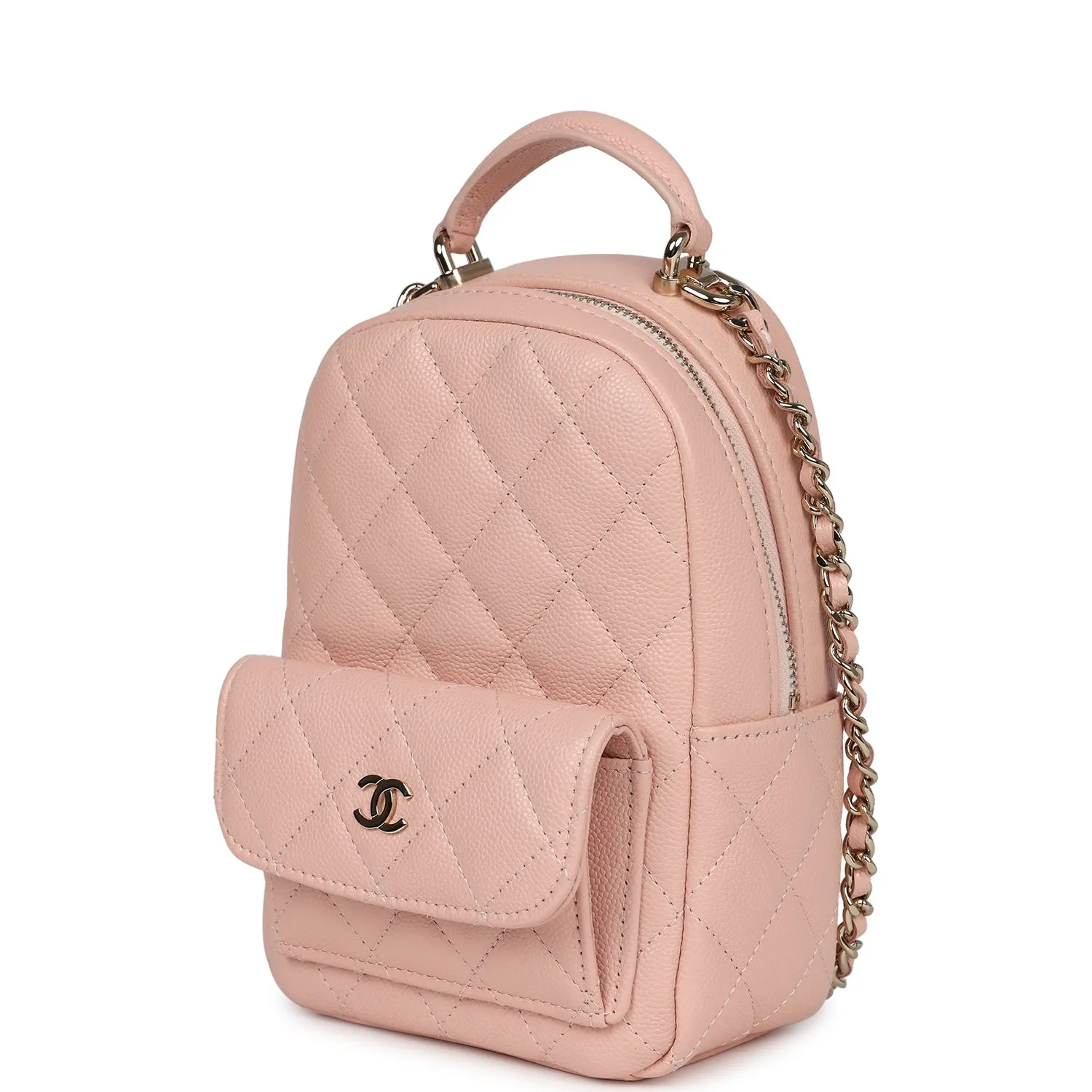 Chanel Mini Phone Holder Backpack with Chain Light Pink Caviar Light Gold Hardware