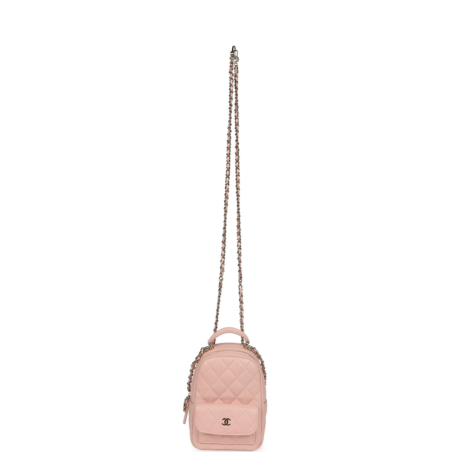 Chanel Mini Phone Holder Backpack with Chain Light Pink Caviar Light Gold Hardware