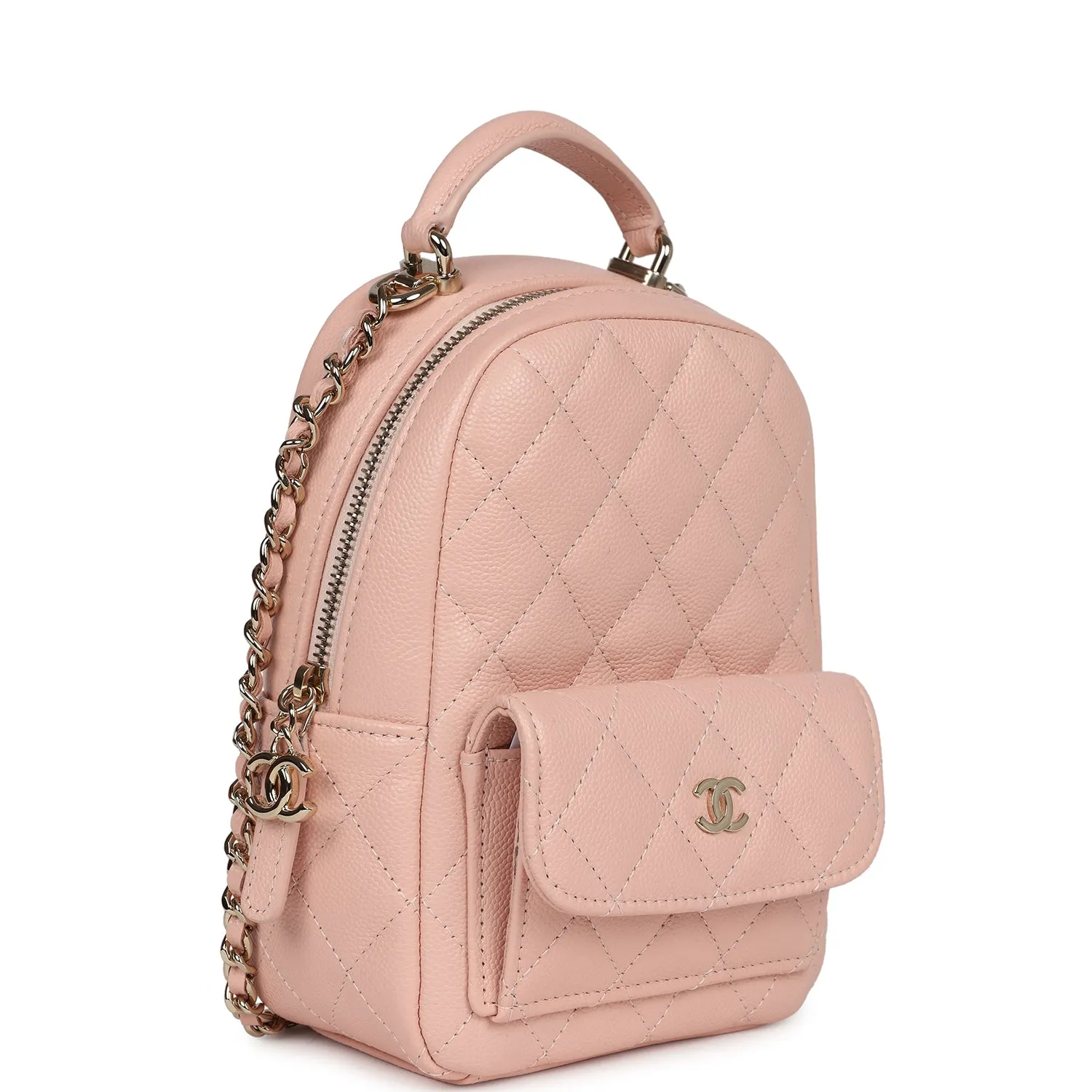 Chanel Mini Phone Holder Backpack with Chain Light Pink Caviar Light Gold Hardware