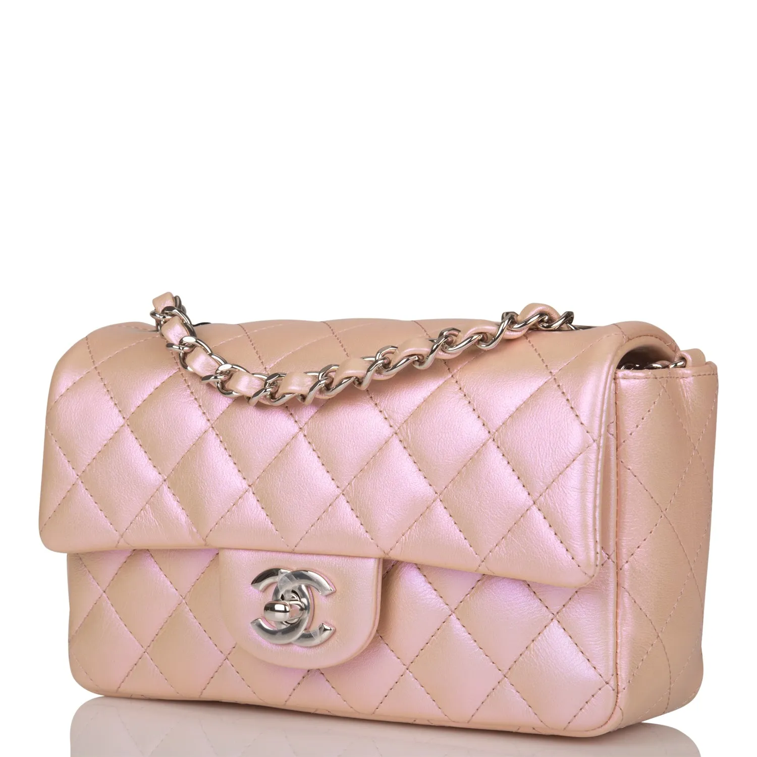 Chanel Mini Rectangular Flap Bag Pink Iridescent Lambskin Silver Hardware