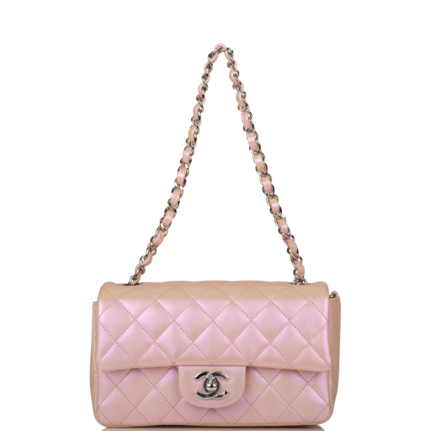 Chanel Mini Rectangular Flap Bag Pink Iridescent Lambskin Silver Hardware