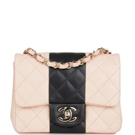 Chanel Mini Square Flap Bag Pink and Black Lambskin Light Gold Hardware