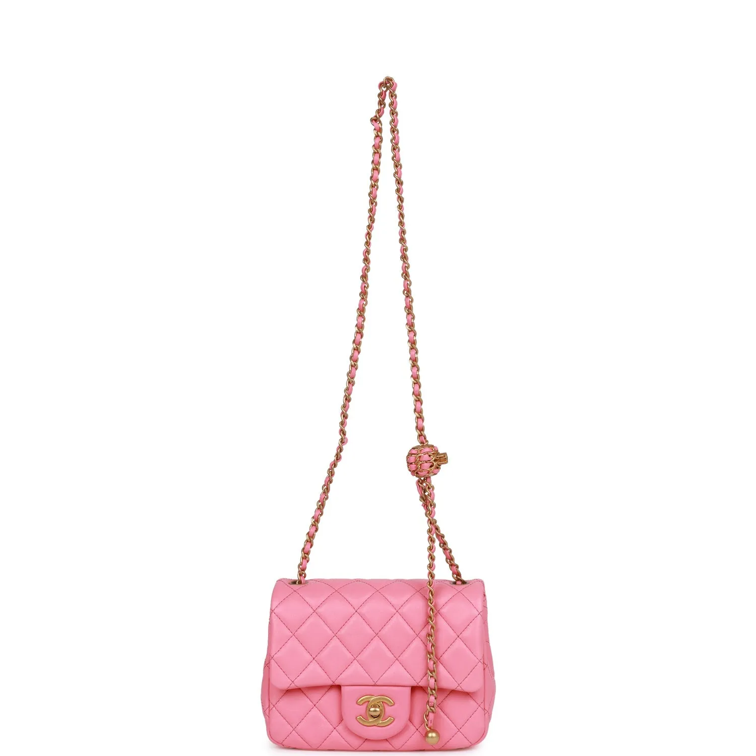 Chanel Pearl Crush Mini Square Flap Bag Pink Lambskin Antique Gold Hardware