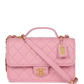 Chanel School Memory Top Handle Flap Bag Pink Caviar Antique Gold Hardware