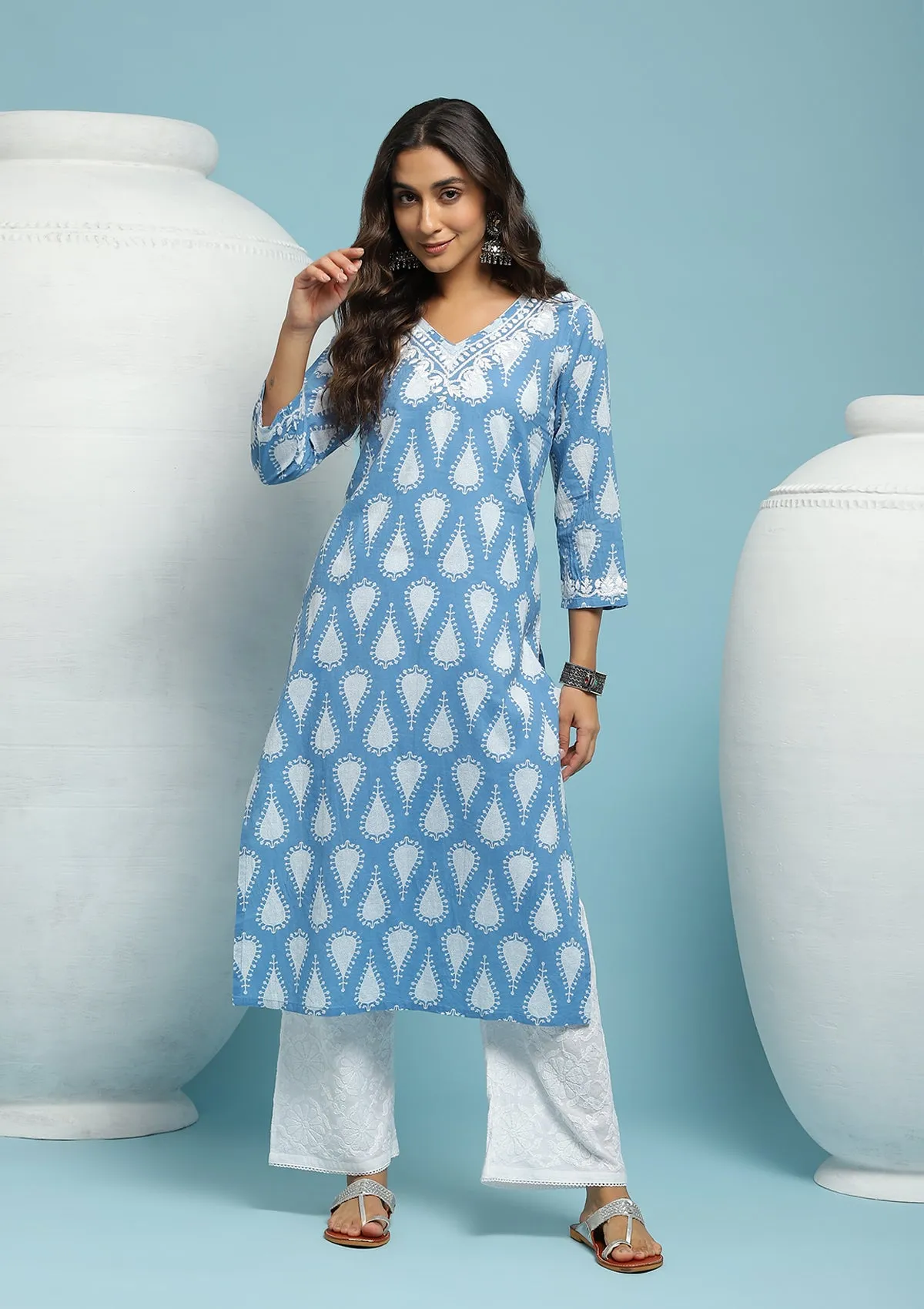 Cotton Chikankari Printed Women's Long Kurta - Blue