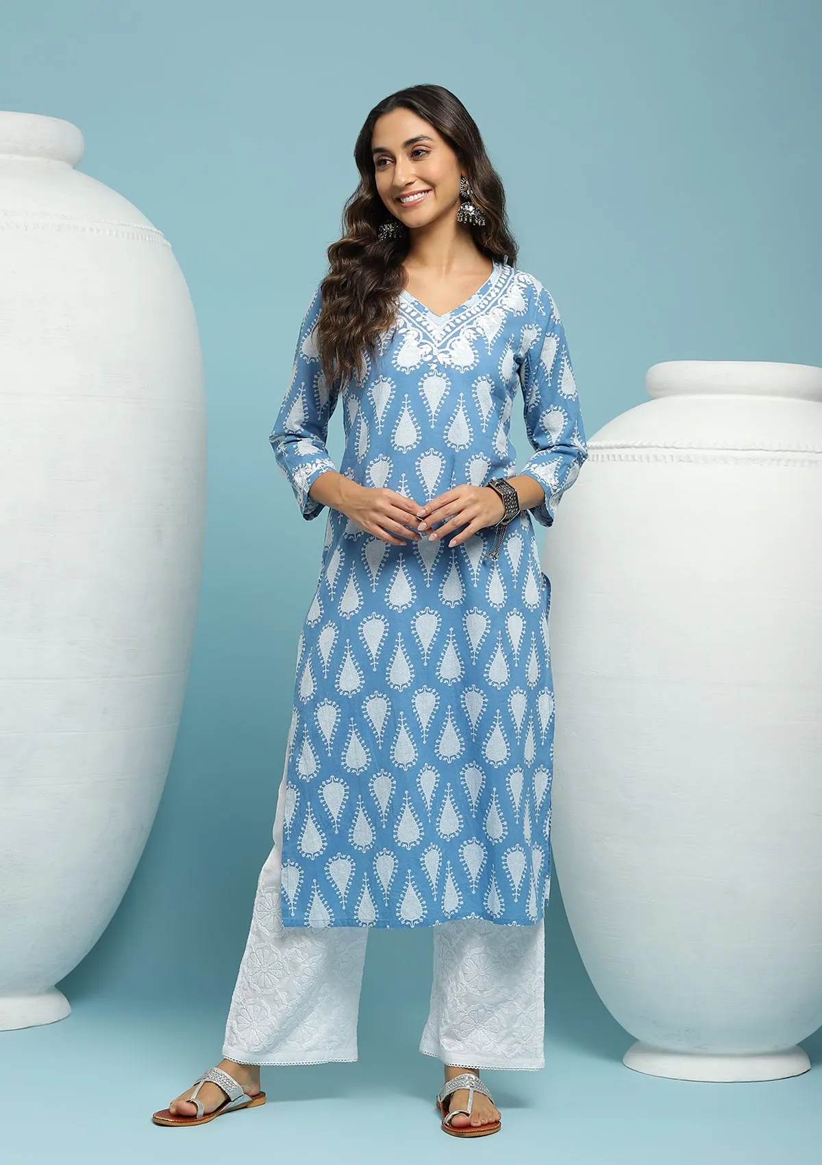 Cotton Chikankari Printed Women's Long Kurta - Blue