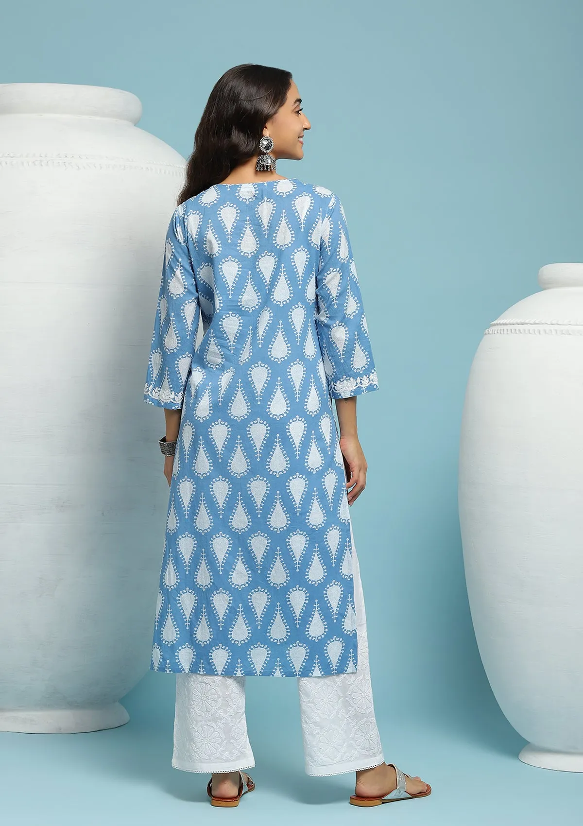 Cotton Chikankari Printed Women's Long Kurta - Blue