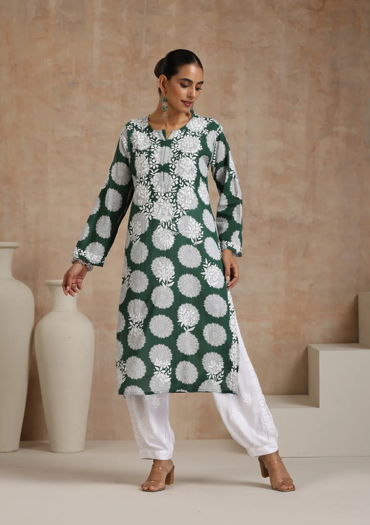 Cotton Chikankari Printed Women's Long Kurta - Green