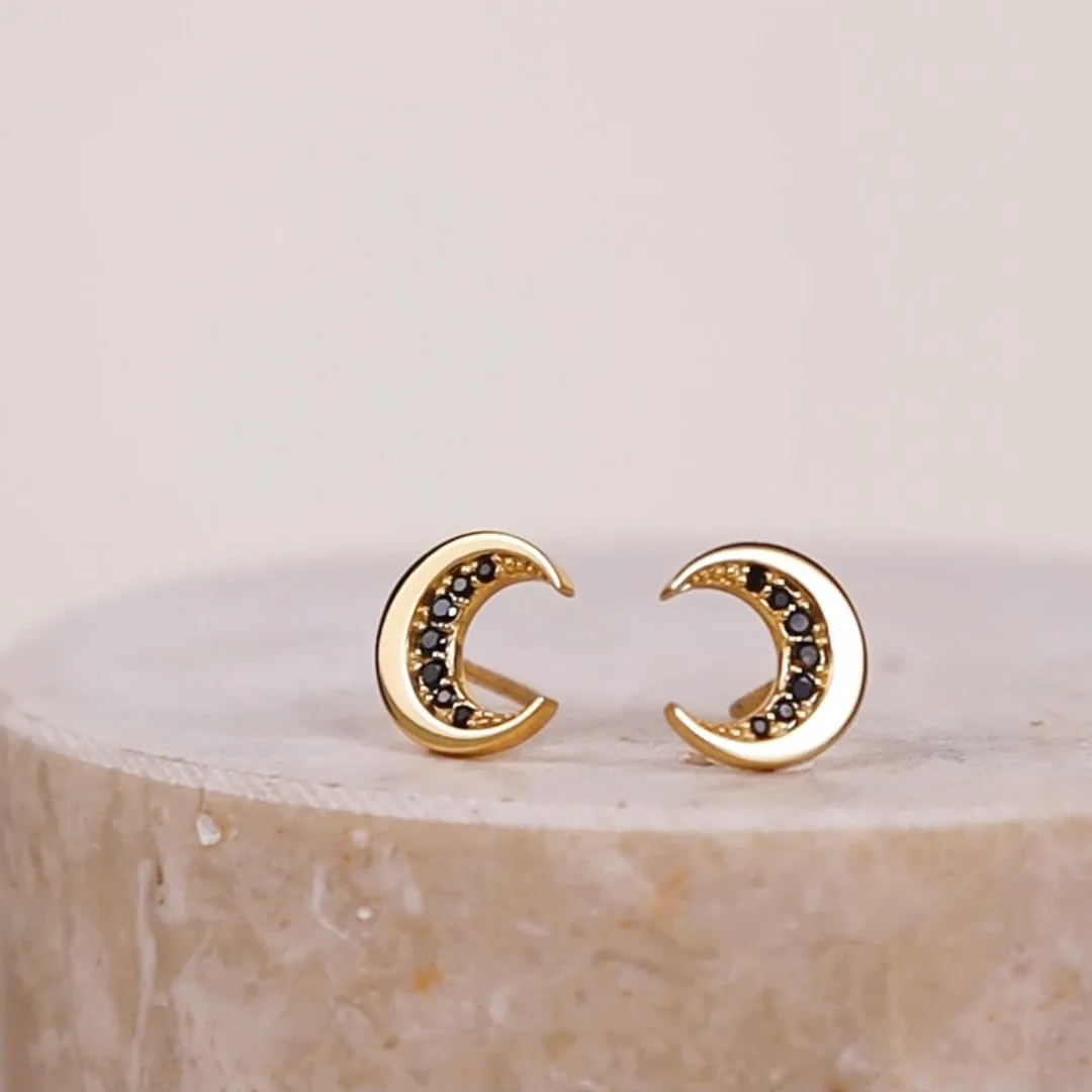 Crescent Moon Black & Gold Stud Earrings