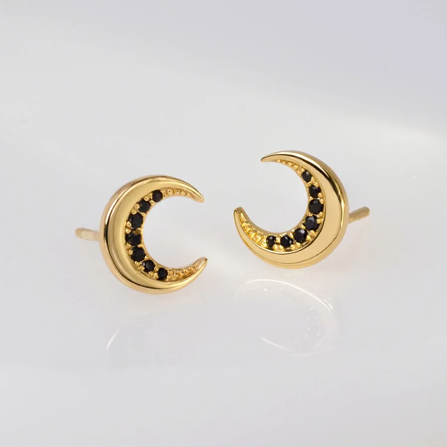 Crescent Moon Black & Gold Stud Earrings