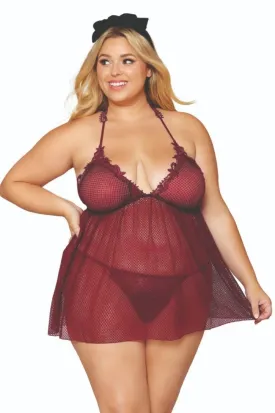 Curvy Mesh Embroidered Babydoll Set