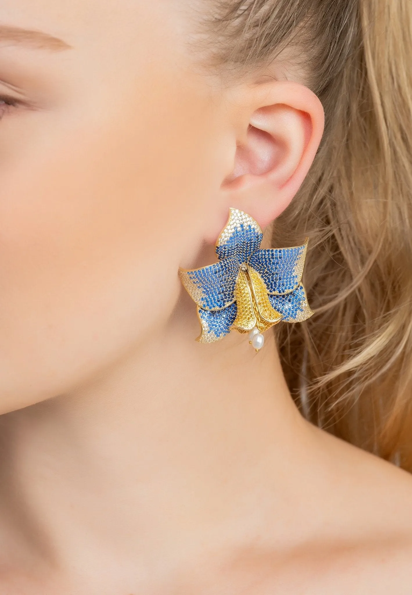 Daffodil With Pearls Earrings Gold Sapphire CZ