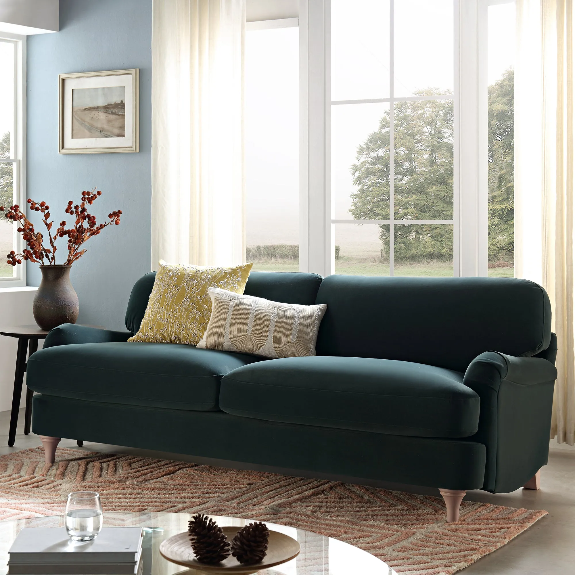 Daphnis Aegean Blue Velvet Sofa, 3-Seater