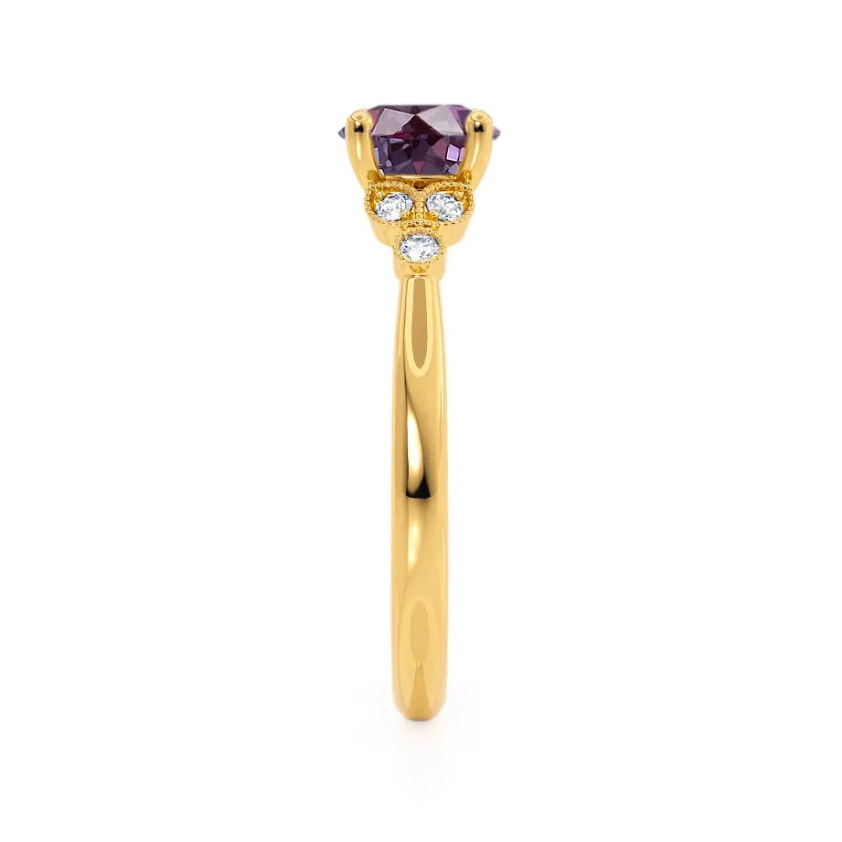 DELILAH - Chatham® Round Alexandrite 18k Yellow Gold Shoulder Set Ring