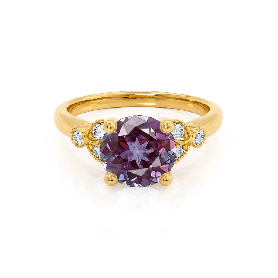 DELILAH - Chatham® Round Alexandrite 18k Yellow Gold Shoulder Set Ring