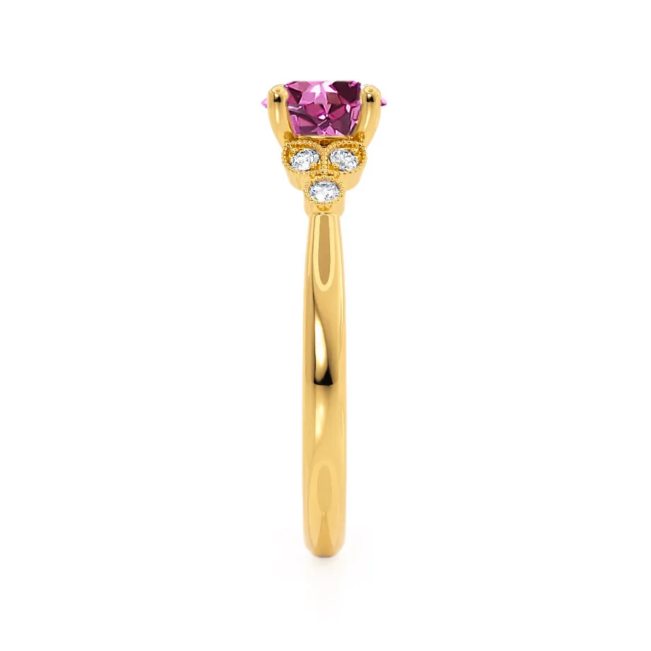 DELILAH - Chatham® Round Pink Sapphire 18k Yellow Gold Shoulder Set Ring