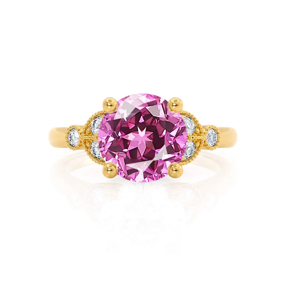 DELILAH - Chatham® Round Pink Sapphire 18k Yellow Gold Shoulder Set Ring