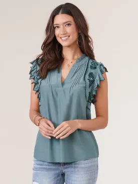 Die Cut Embroidered Edge Flutter Sleeve V Placket Woven Top