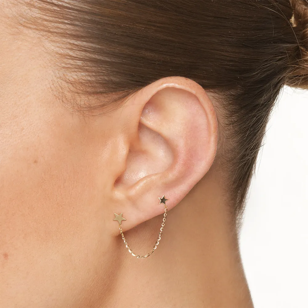 Double Star Chain Single Stud Earring in 10k Gold