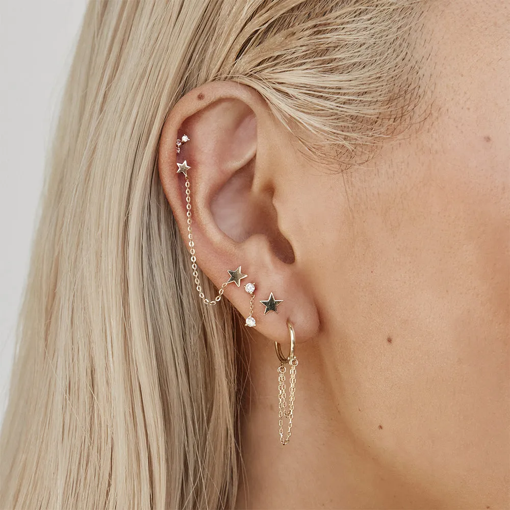 Double Star Chain Single Stud Earring in 10k Gold