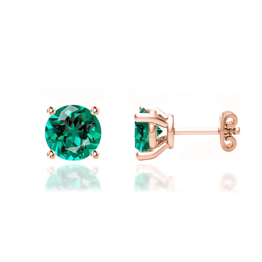 DOVE - Round Emerald 18k Rose Gold Stud Earrings