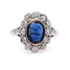 Edwardian Sapphire Diamond Yellow Gold Cluster Ring