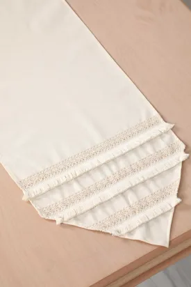 Elegant Cream Table Runner with Vintage Lace Trim and Fringes, 36x12 Inches Classic Ivory Colour Linen Tablecloth Runner,R-45K