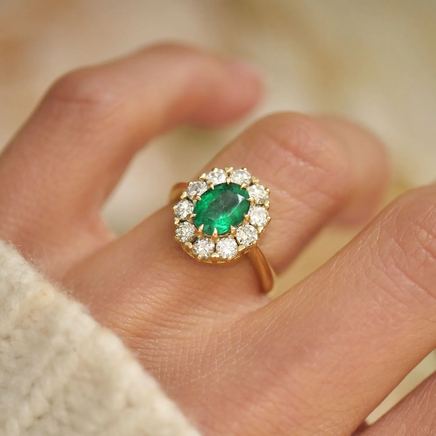 Emerald & Old European Cut Diamond Cluster Ring