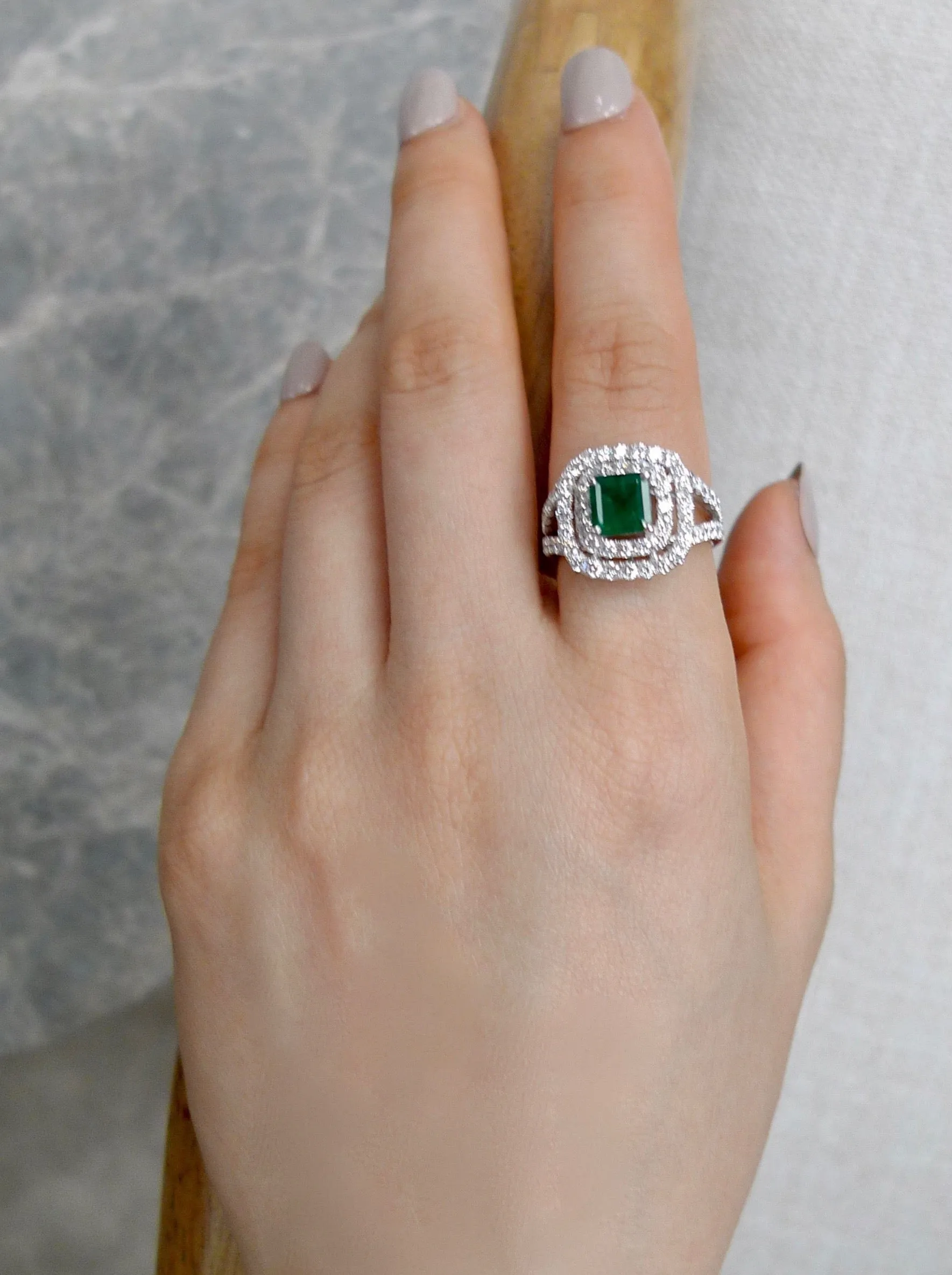 Emerald and Diamond Double Halo Ring in White Gold