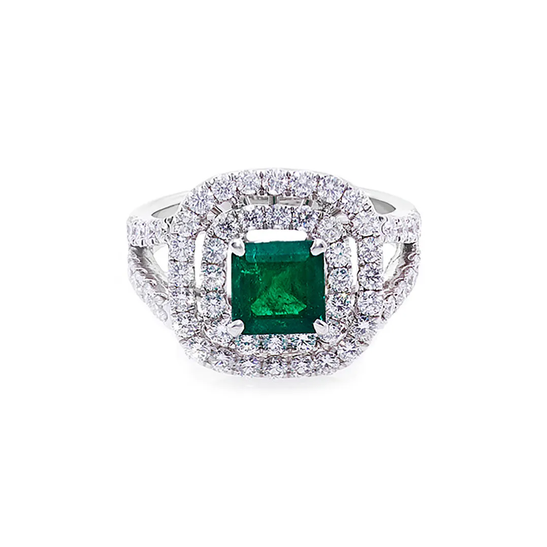 Emerald and Diamond Double Halo Ring in White Gold