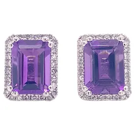 Emerald Cut Amethyst Diamond Halo Stud Earrings