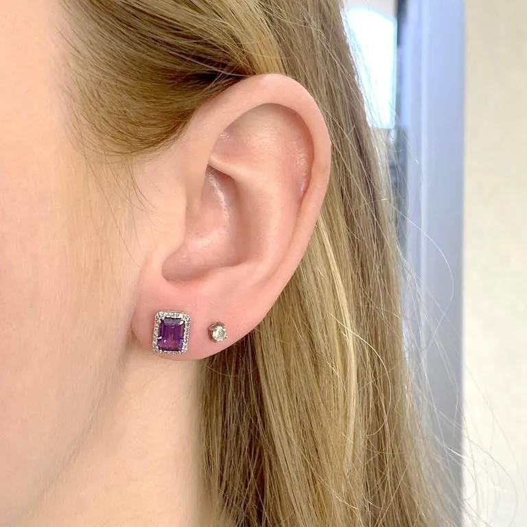 Emerald Cut Amethyst Diamond Halo Stud Earrings