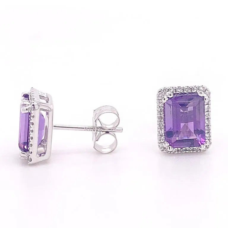 Emerald Cut Amethyst Diamond Halo Stud Earrings