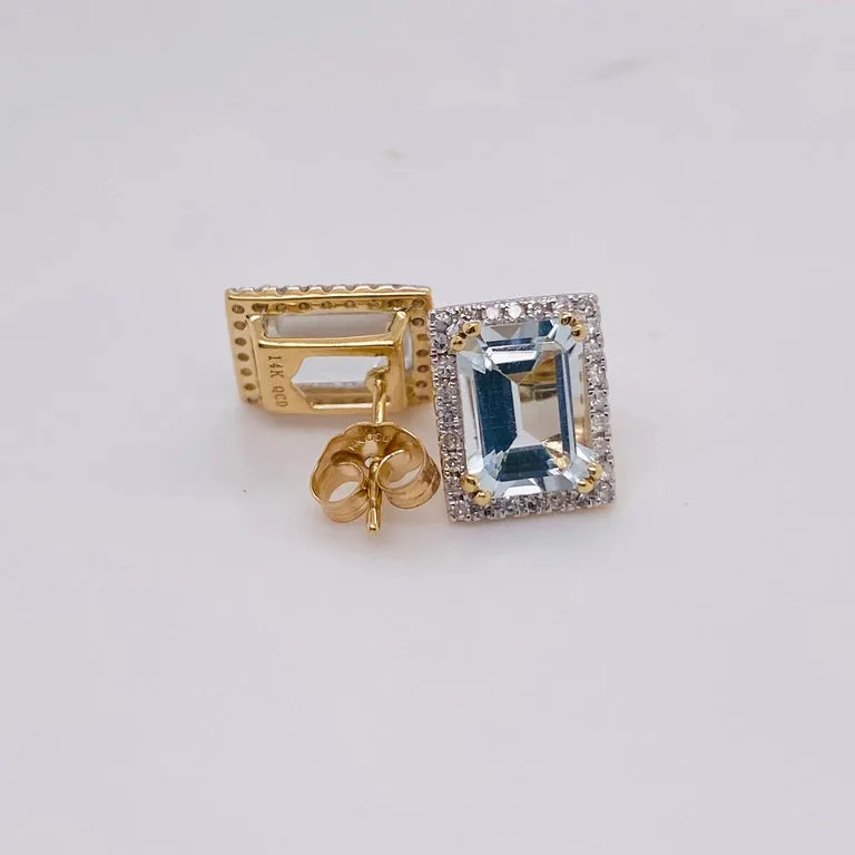 Emerald Cut Aquamarine with Diamond Halo Studs Earrings