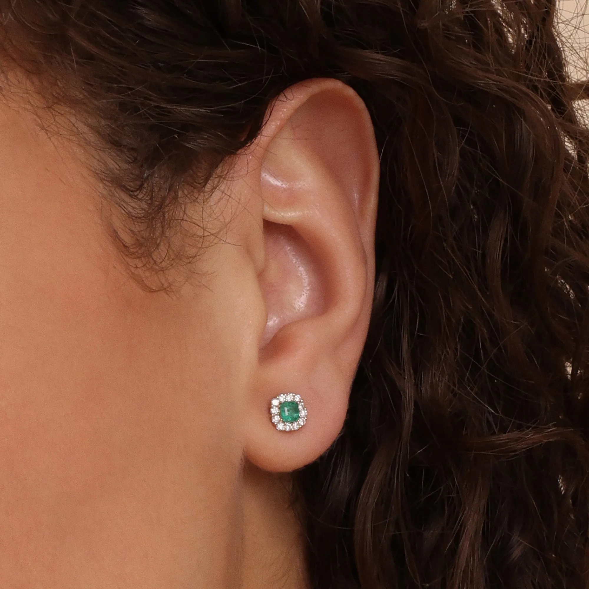 Emerald Diamond Halo Stud Earrings, Ema