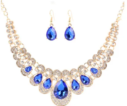 Europe and the United States retro ethnic style jewelry set crystal gem set geometric necklace earrings set female fashion jewelry