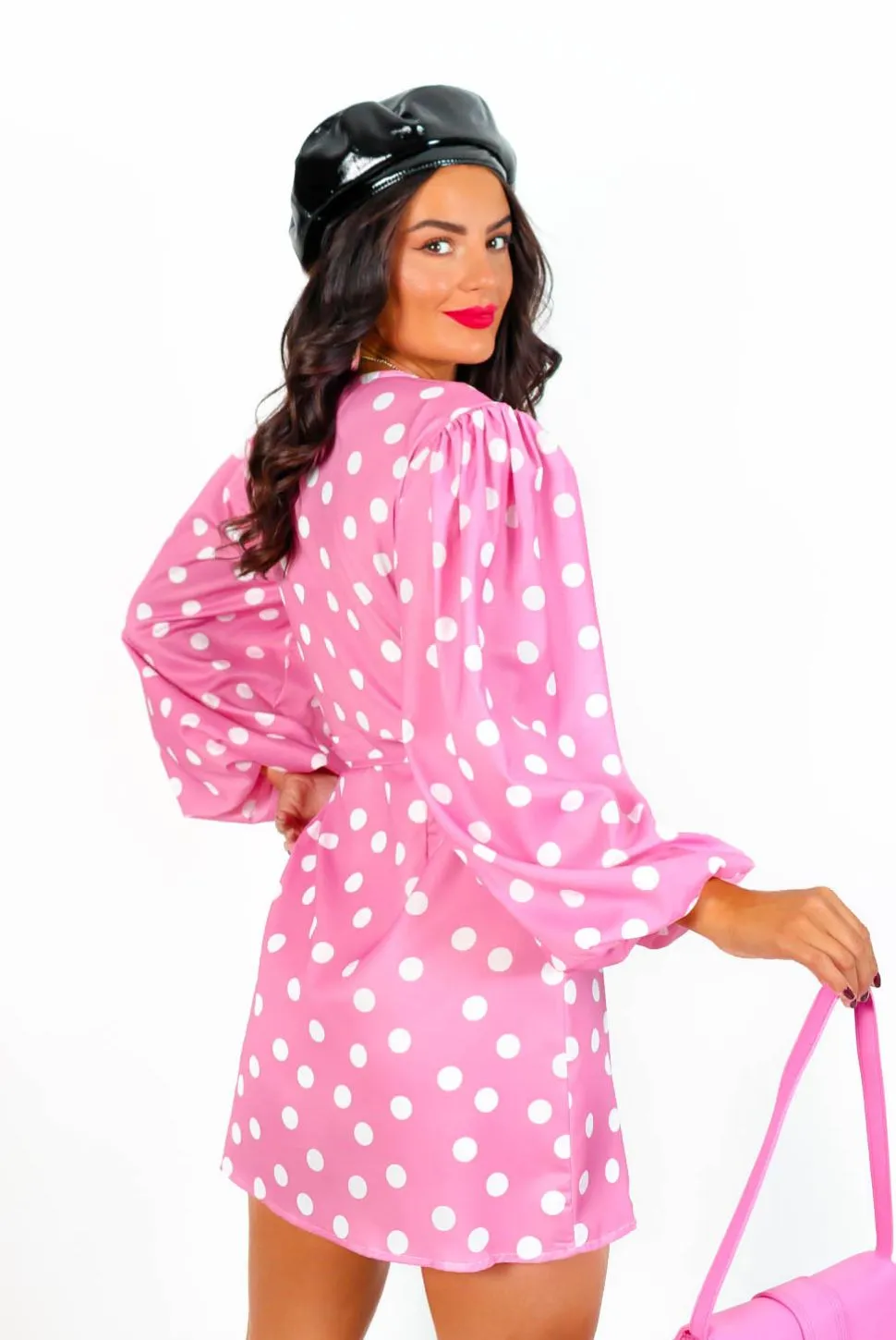 First Love - Pink White Polka Dot Mini Wrap Dress