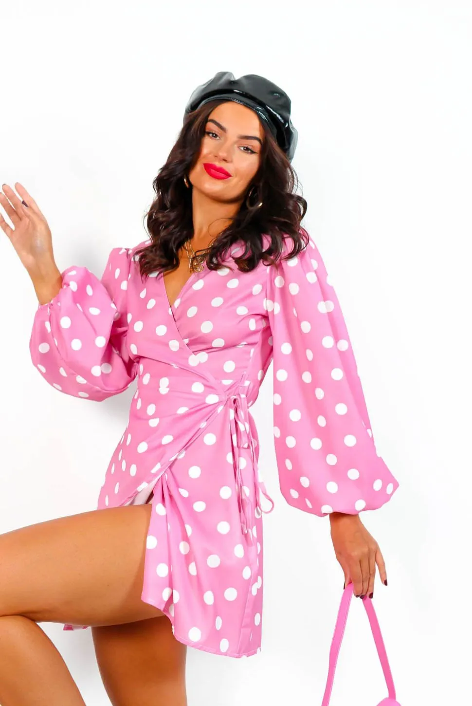 First Love - Pink White Polka Dot Mini Wrap Dress