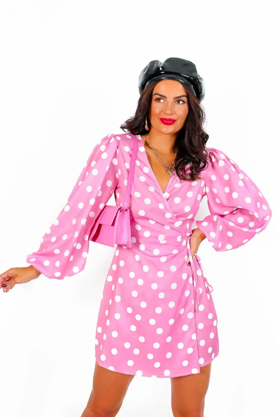 First Love - Pink White Polka Dot Mini Wrap Dress