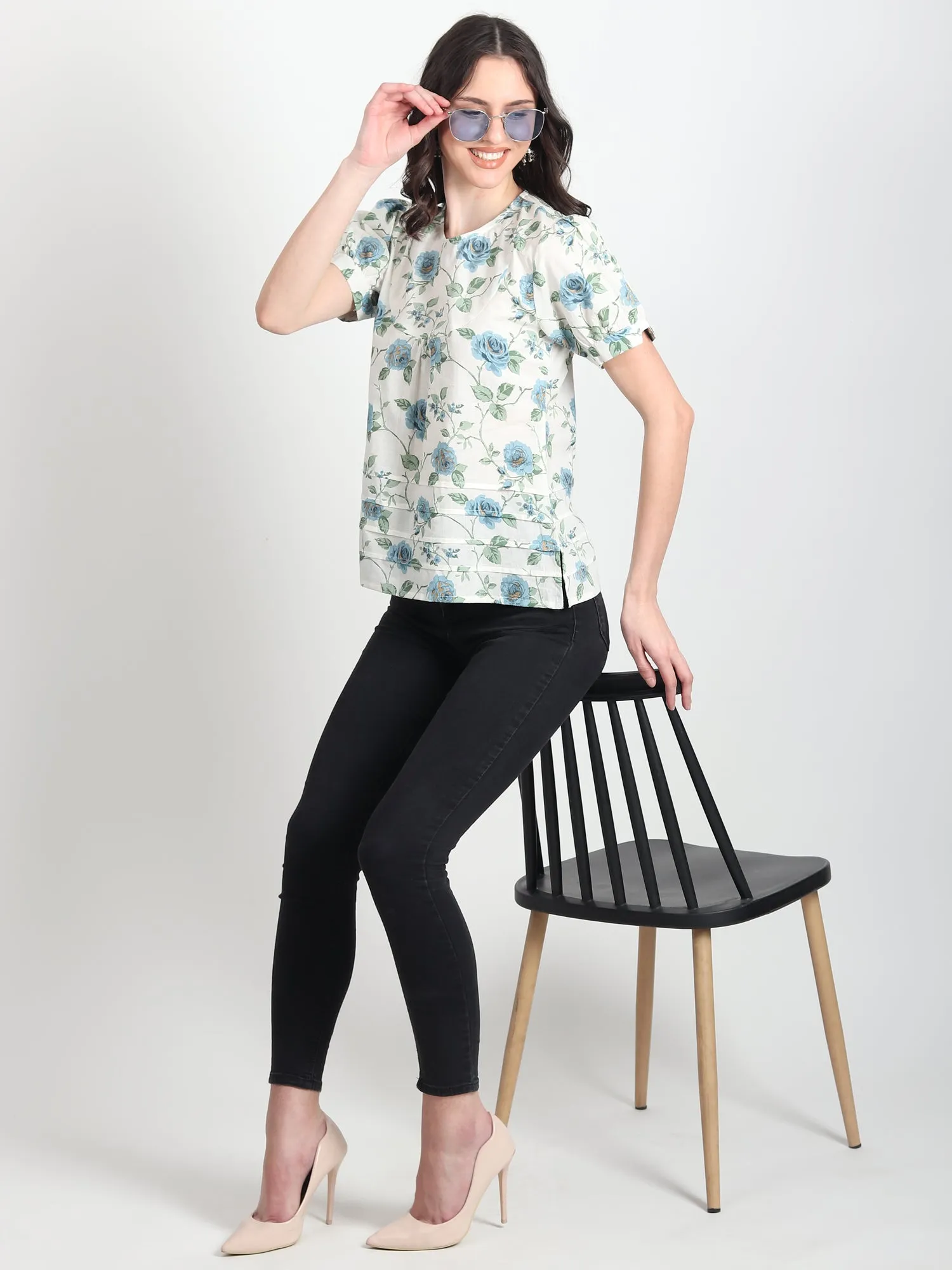 Flora blue floral printed Top