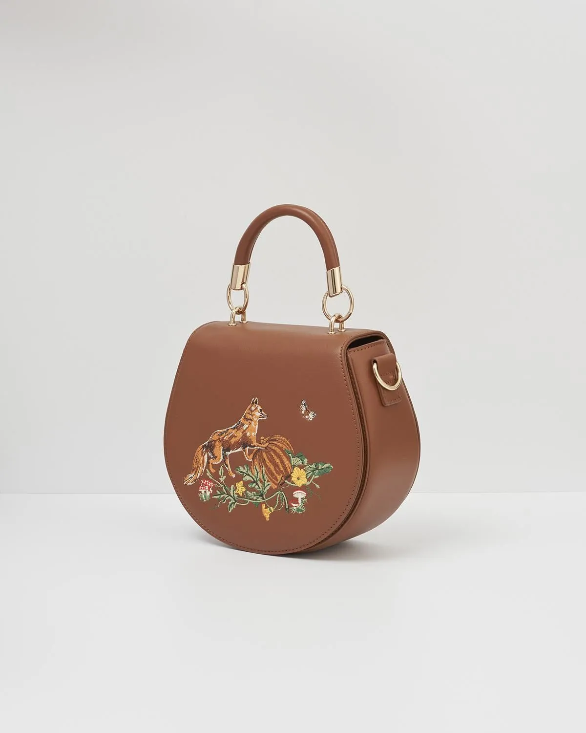 Fox & Pumpkin Embroidered Tan Saddle Bag