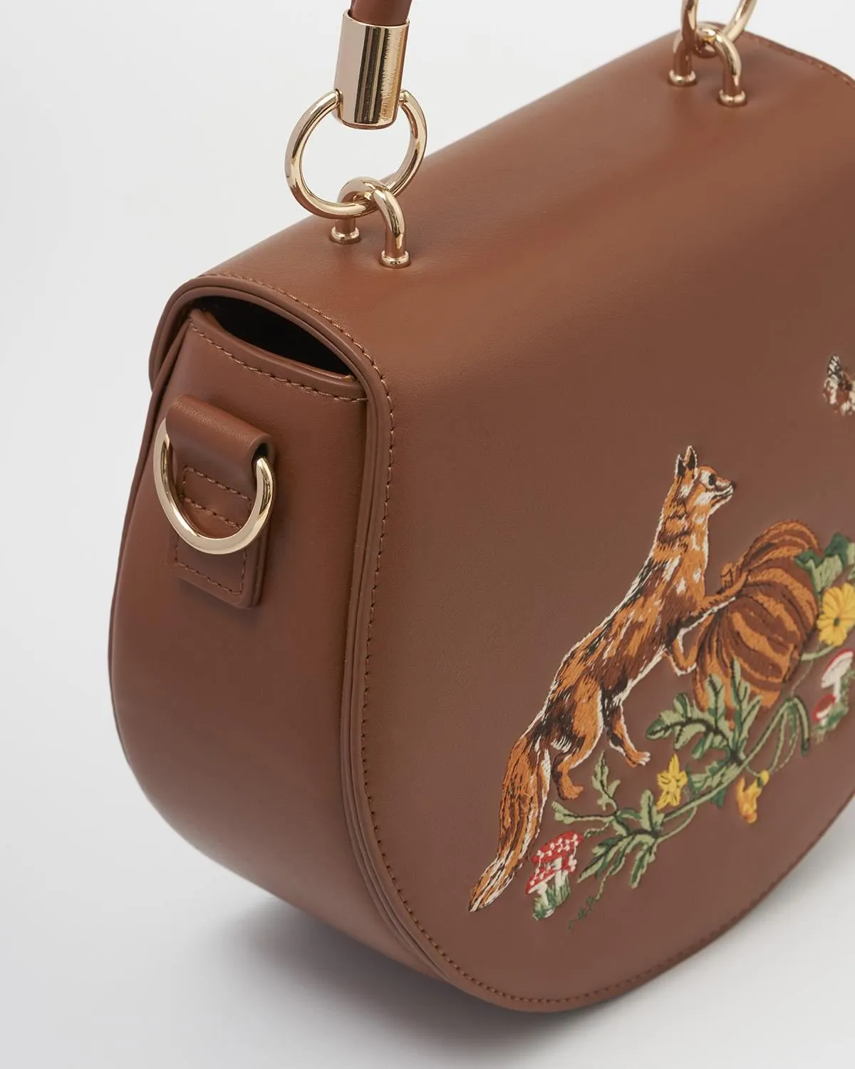 Fox & Pumpkin Embroidered Tan Saddle Bag