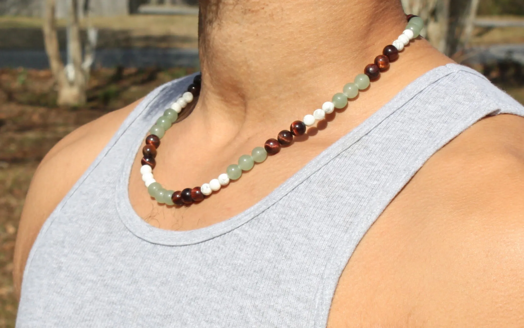 Genuine Howlite, Green Adventurine, Red Tiger Eye Necklace - For Men/Women - 6mm & 8mm Beads - Mexico Necklace