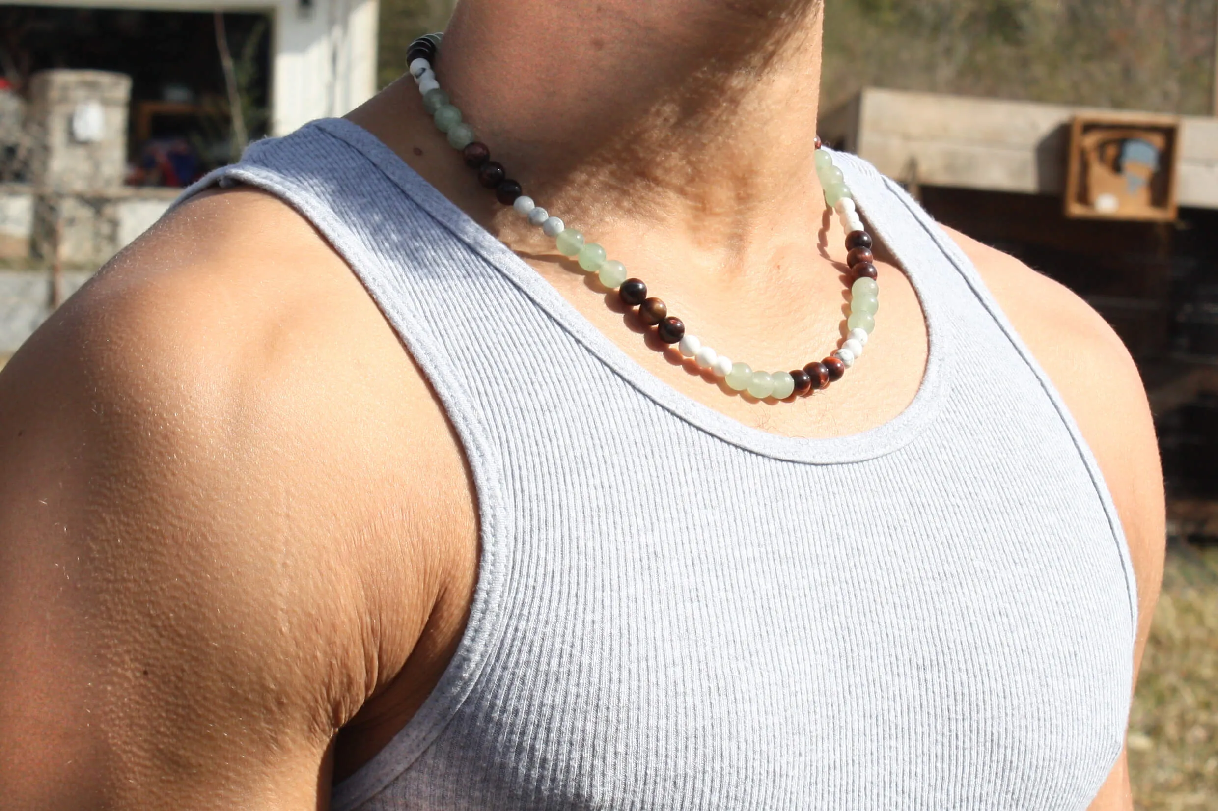 Genuine Howlite, Green Adventurine, Red Tiger Eye Necklace - For Men/Women - 6mm & 8mm Beads - Mexico Necklace