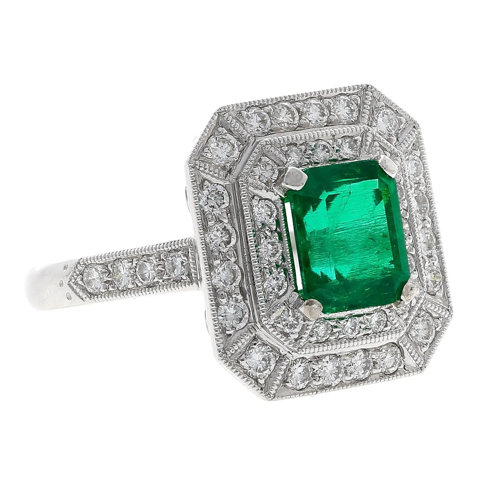 GIA Certified 1.46 Carat Colombian Emerald and Diamond Ring in 18K White Gold