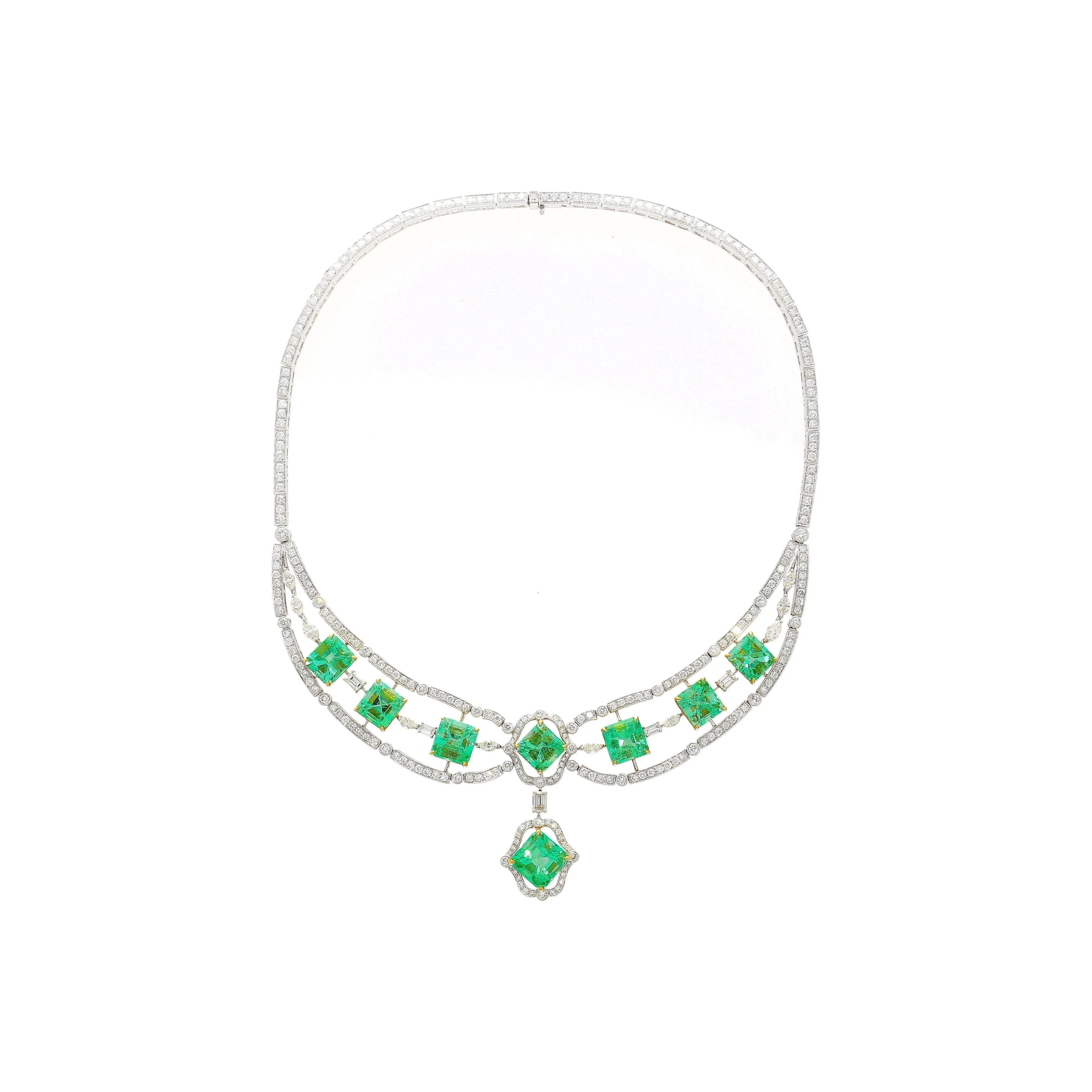 GIA Certified 46.45 Carat Emerald and Diamond Chandelier Necklace